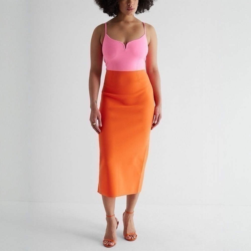 Express Body Contour V-Wire Color Block Midi Sweater Dress Large